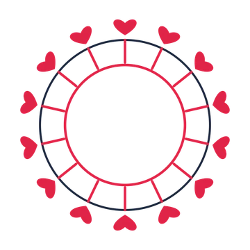 A circular emblem with 14 heart motifs, fine concentric rings and a spokes structure.