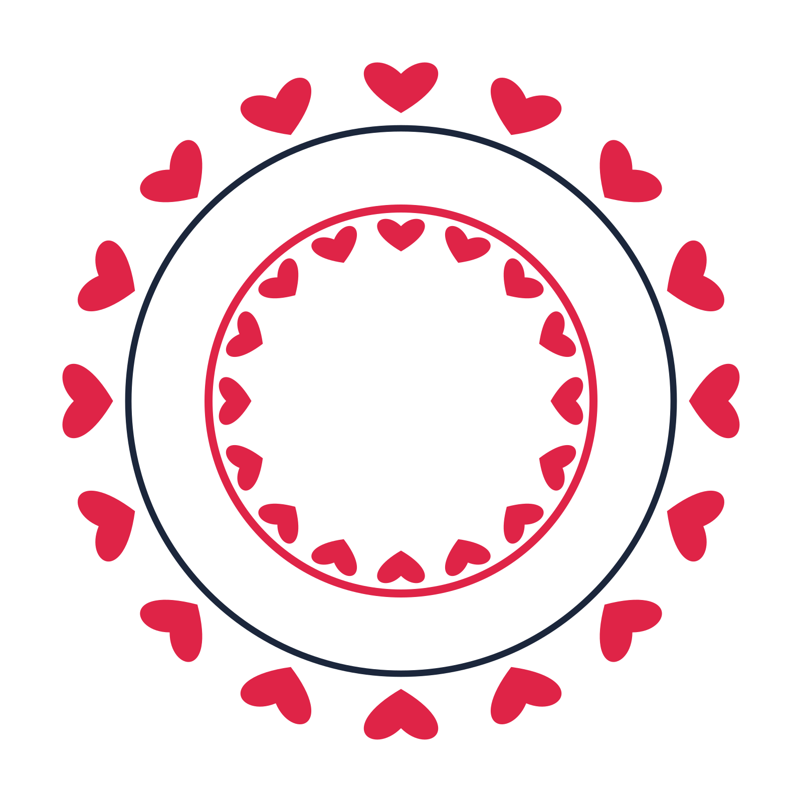 A circular emblem with 16 heart motifs, fine concentric rings and a double orbit structure.