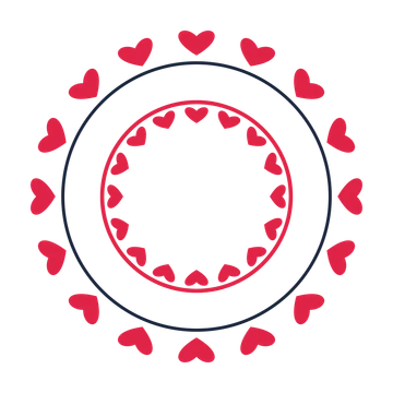 A circular emblem with 16 heart motifs, fine concentric rings and a double orbit structure.
