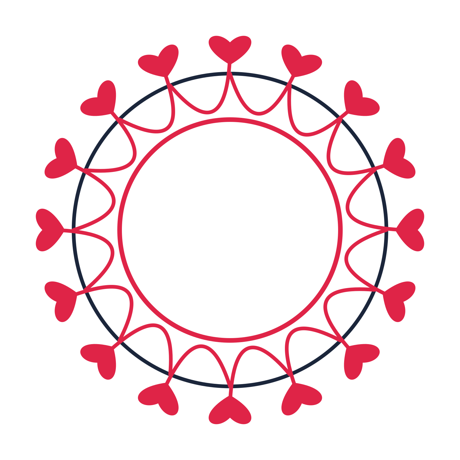 A circular emblem with 16 heart motifs, fine concentric rings and a interlaced structure.