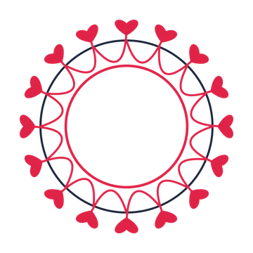 A circular emblem with 16 heart motifs, fine concentric rings and a interlaced structure.