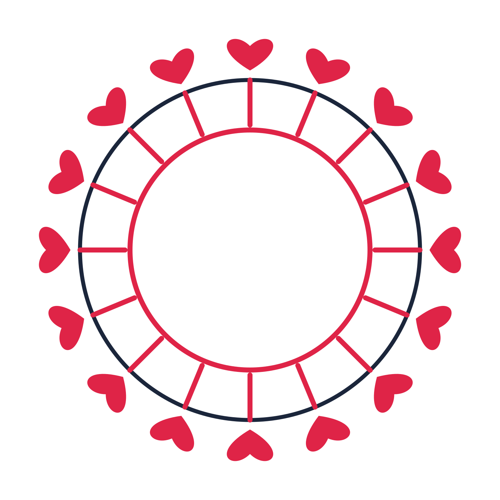 A circular emblem with 16 heart motifs, fine concentric rings and a spokes structure.