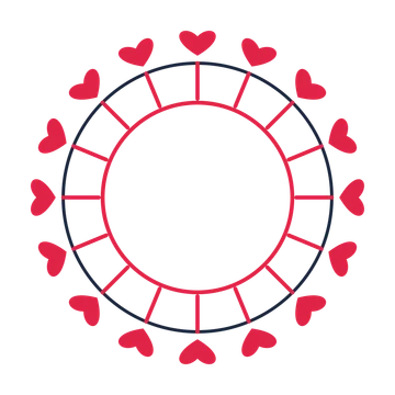 A circular emblem with 16 heart motifs, fine concentric rings and a spokes structure.