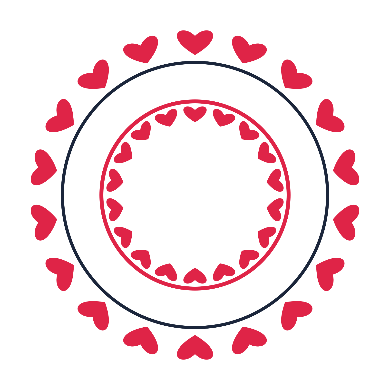 A circular emblem with 18 heart motifs, fine concentric rings and a double orbit structure.