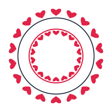 A circular emblem with 18 heart motifs, fine concentric rings and a double orbit structure.