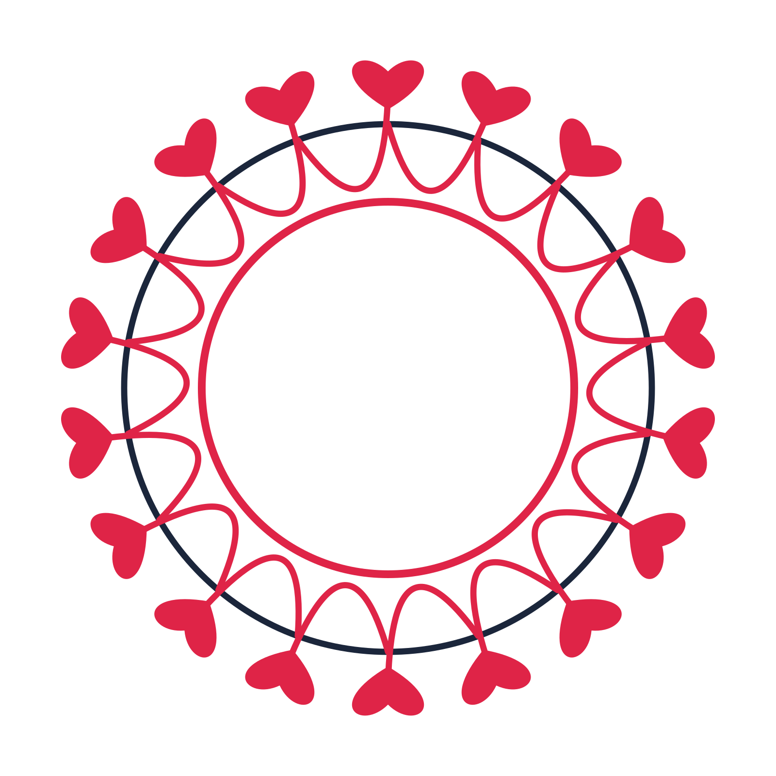 A circular emblem with 18 heart motifs, fine concentric rings and a interlaced structure.