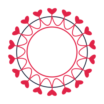 A circular emblem with 18 heart motifs, fine concentric rings and a interlaced structure.