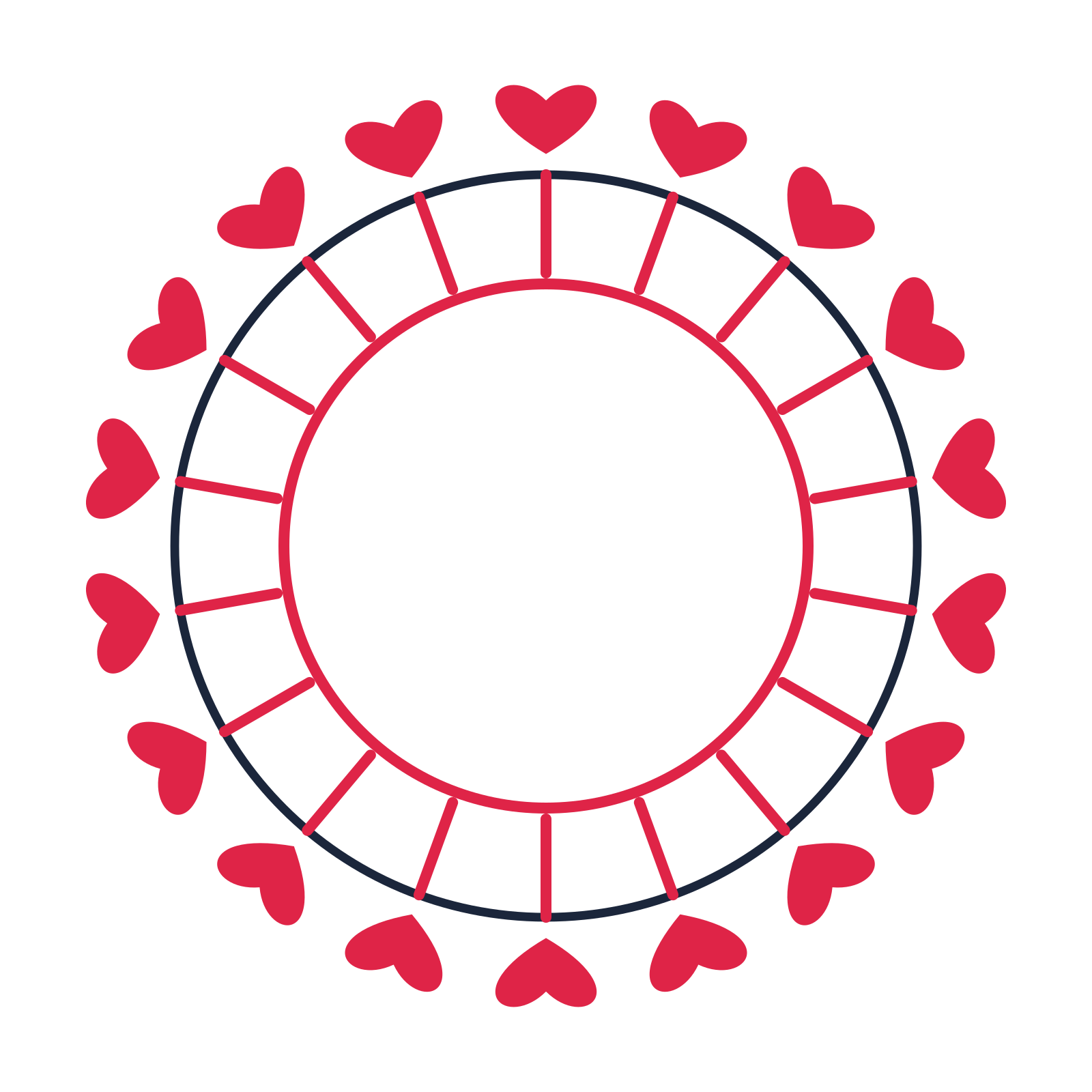 A circular emblem with 18 heart motifs, fine concentric rings and a spokes structure.