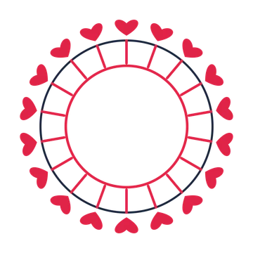 A circular emblem with 18 heart motifs, fine concentric rings and a spokes structure.
