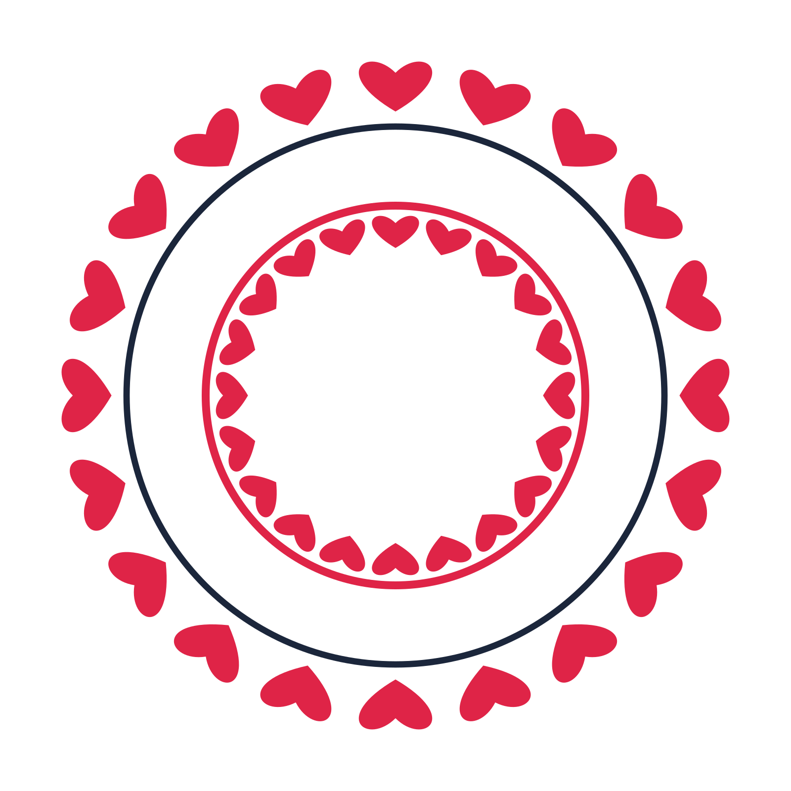 A circular emblem with 20 heart motifs, fine concentric rings and a double orbit structure.