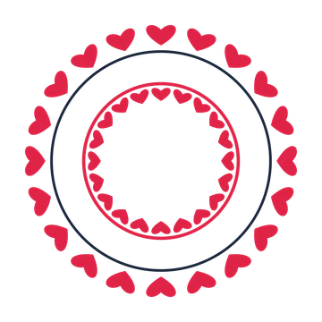 A circular emblem with 20 heart motifs, fine concentric rings and a double orbit structure.