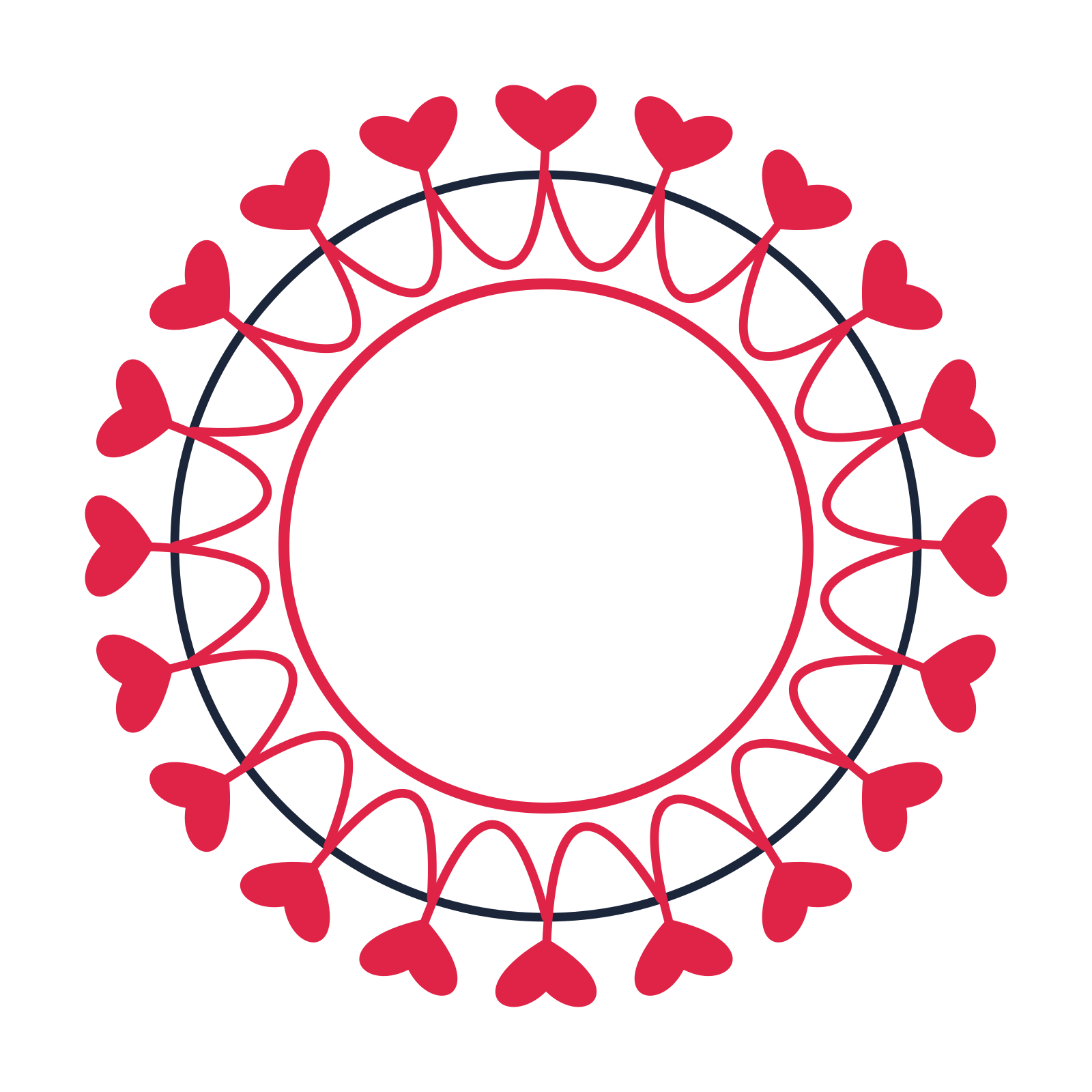 A circular emblem with 20 heart motifs, fine concentric rings and a interlaced structure.