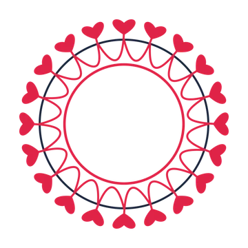 A circular emblem with 20 heart motifs, fine concentric rings and a interlaced structure.