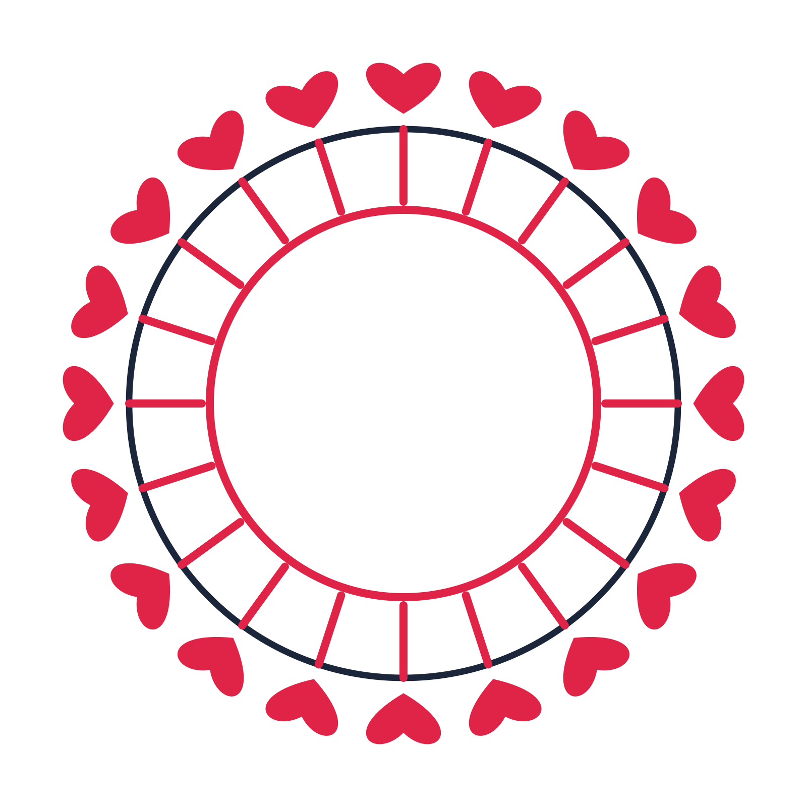 A circular emblem with 20 heart motifs, fine concentric rings and a spokes structure.