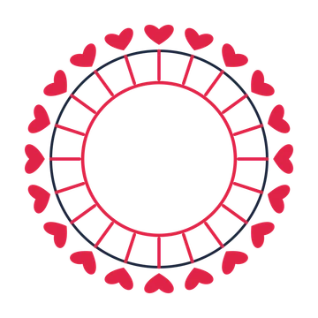 A circular emblem with 20 heart motifs, fine concentric rings and a spokes structure.