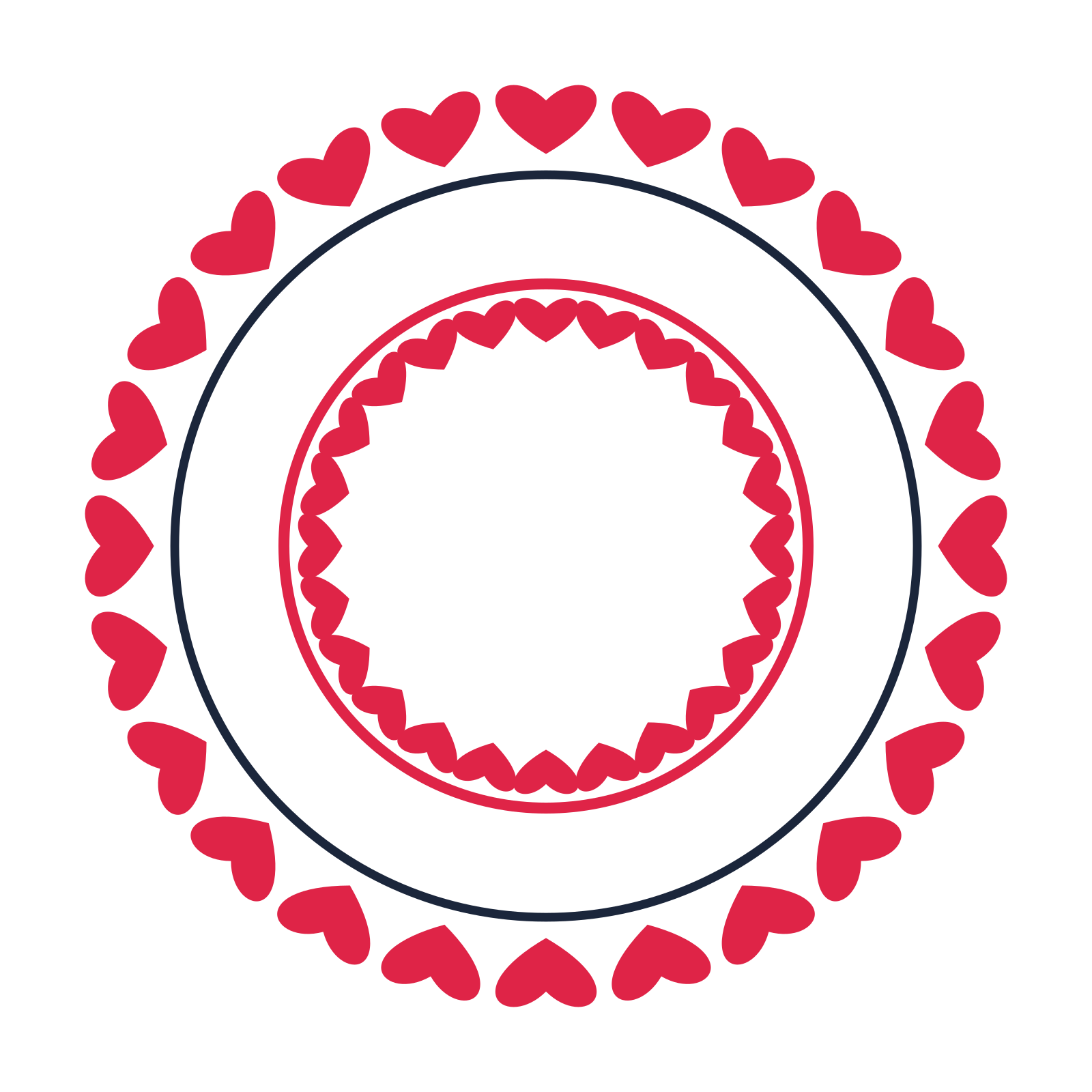 A circular emblem with 24 heart motifs, fine concentric rings and a double orbit structure.