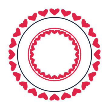 A circular emblem with 24 heart motifs, fine concentric rings and a double orbit structure.