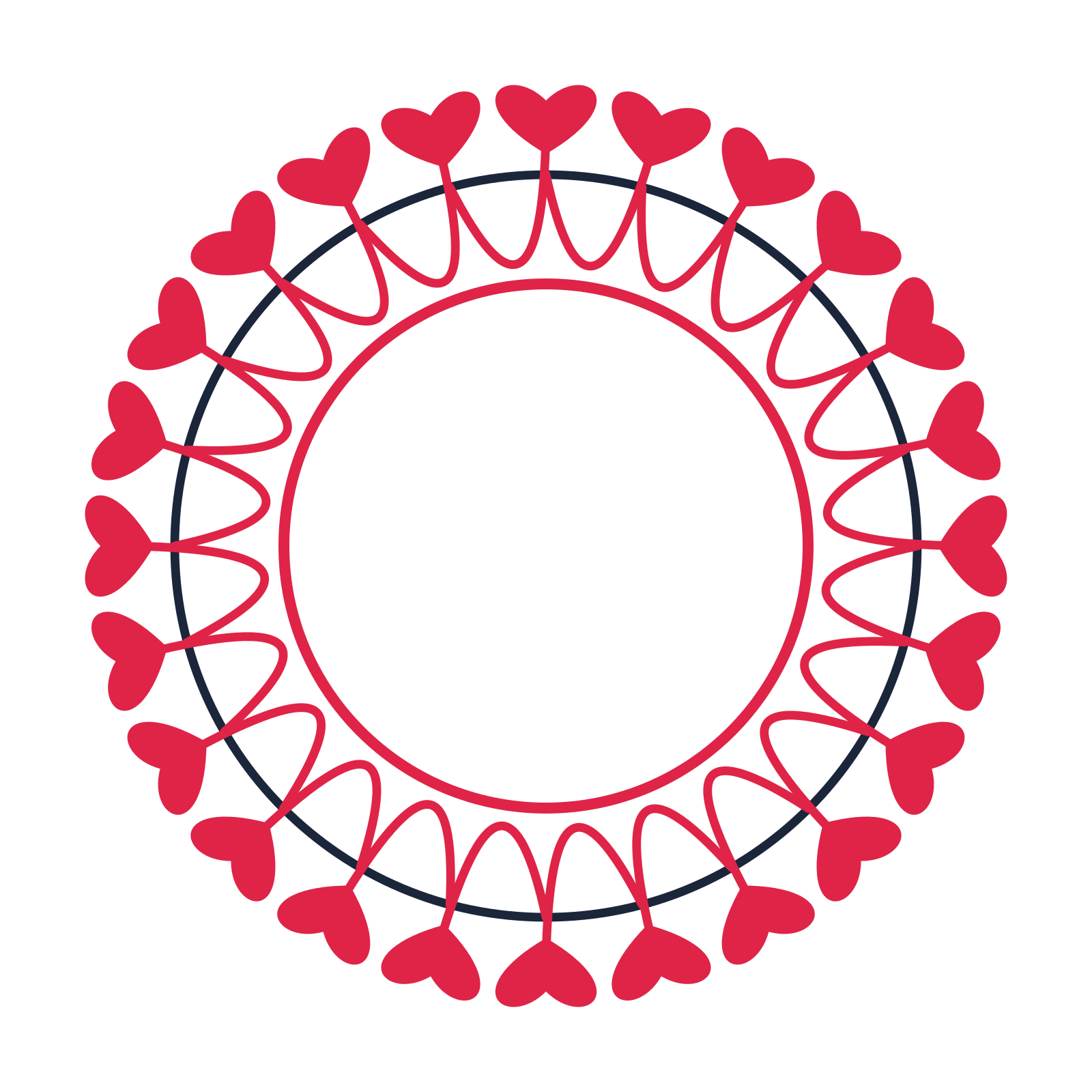 A circular emblem with 24 heart motifs, fine concentric rings and a interlaced structure.