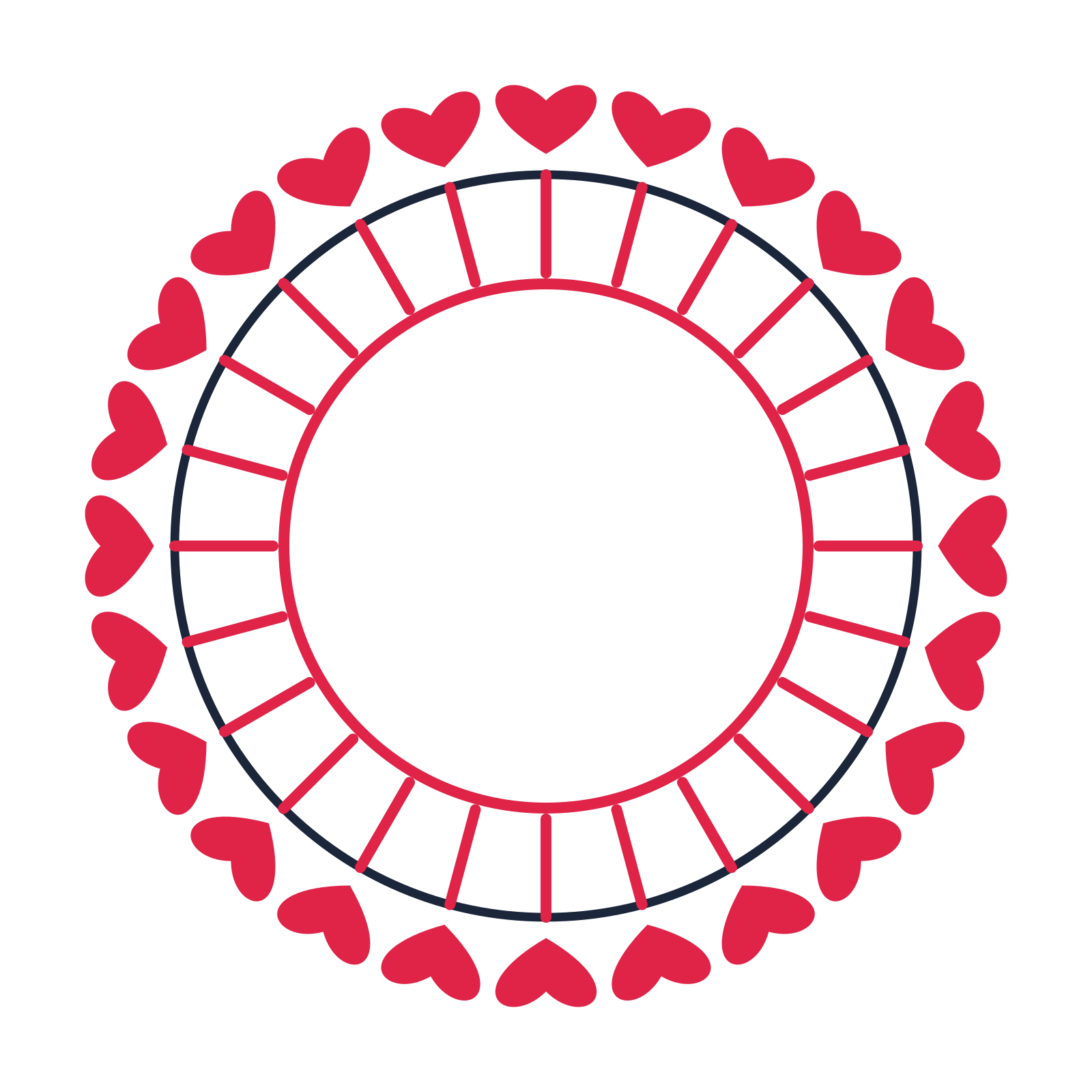 A circular emblem with 24 heart motifs, fine concentric rings and a spokes structure.