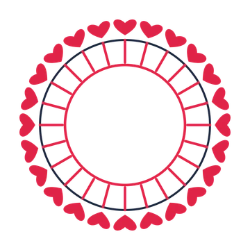 A circular emblem with 24 heart motifs, fine concentric rings and a spokes structure.