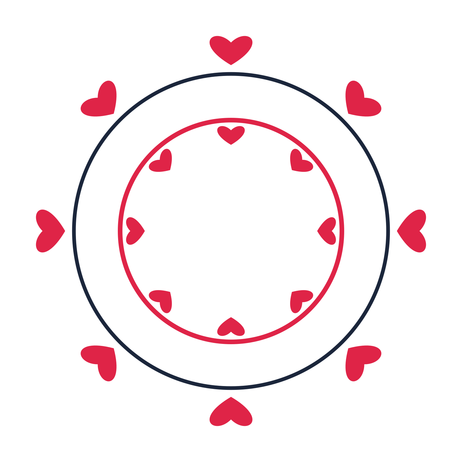 A circular emblem with 8 heart motifs, fine concentric rings and a double orbit structure.