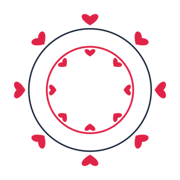 A circular emblem with 8 heart motifs, fine concentric rings and a double orbit structure.