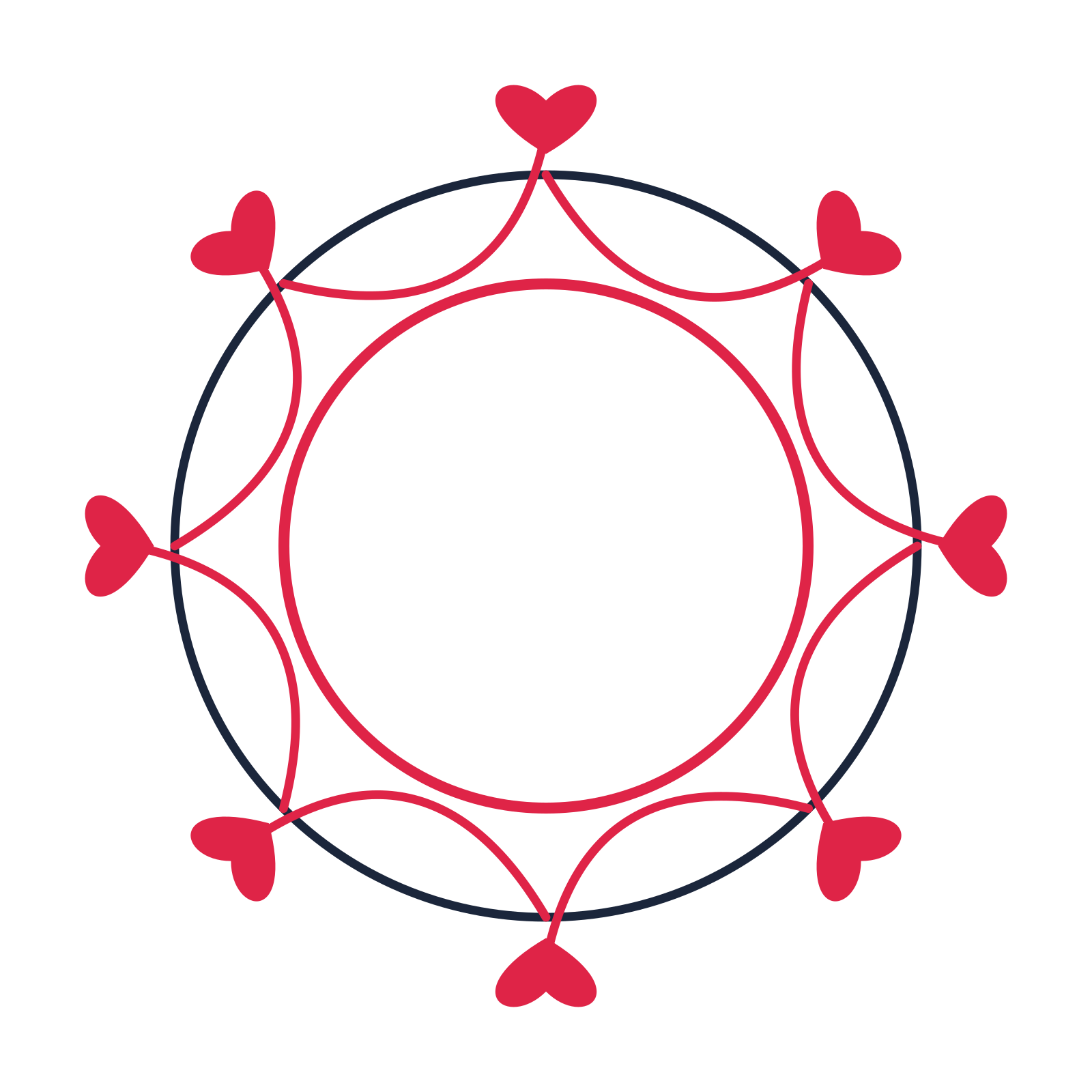 A circular emblem with 8 heart motifs, fine concentric rings and a interlaced structure.