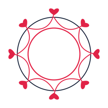 A circular emblem with 8 heart motifs, fine concentric rings and a interlaced structure.