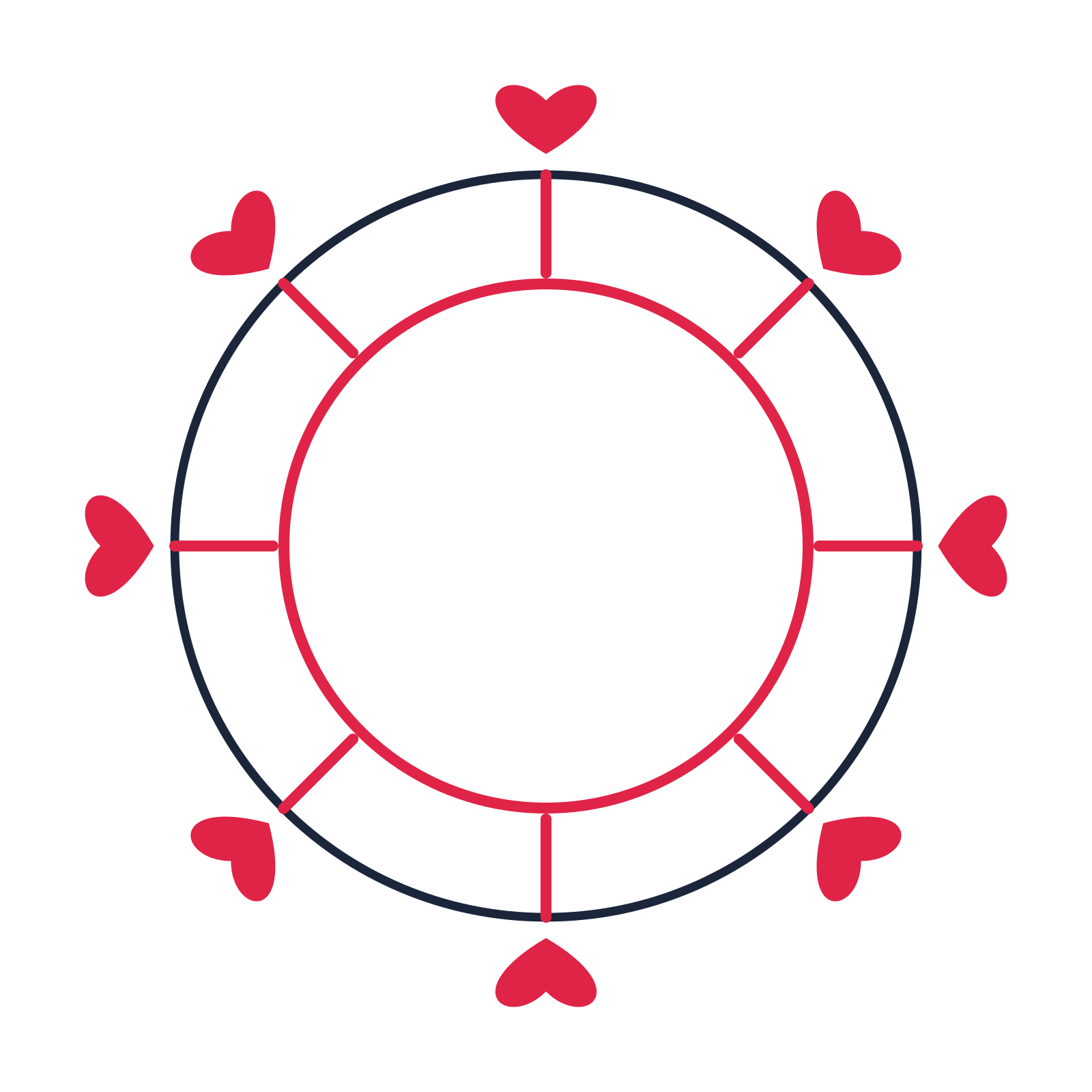 A circular emblem with 8 heart motifs, fine concentric rings and a spokes structure.