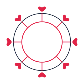 A circular emblem with 8 heart motifs, fine concentric rings and a spokes structure.