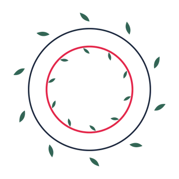 A circular emblem with 10 leaf motifs, fine concentric rings and a double orbit structure.