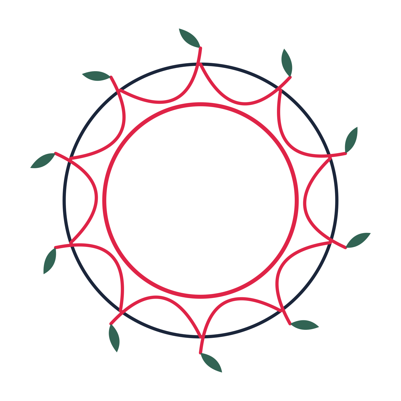 A circular emblem with 10 leaf motifs, fine concentric rings and a interlaced structure.