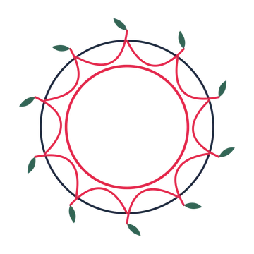 A circular emblem with 10 leaf motifs, fine concentric rings and a interlaced structure.