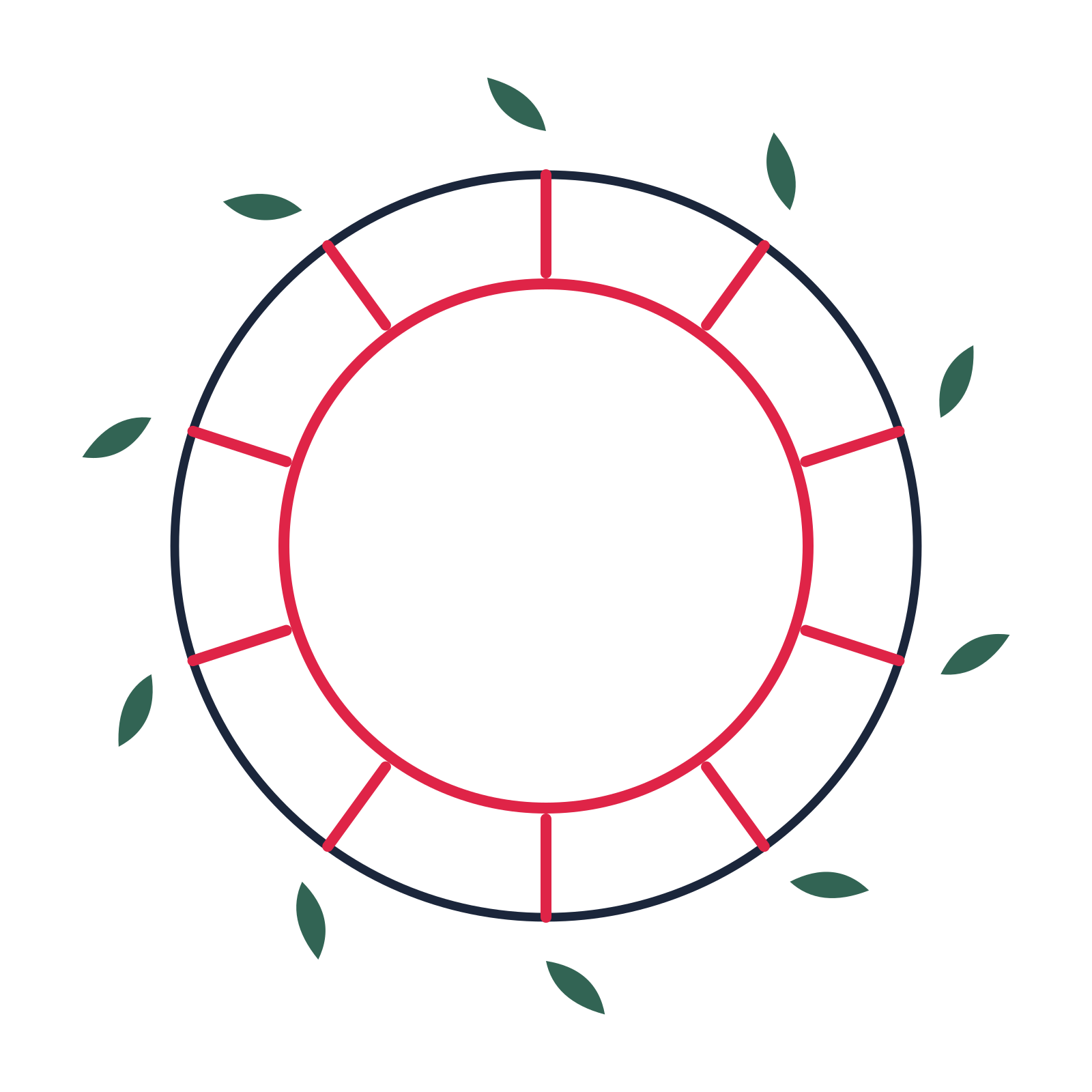 A circular emblem with 10 leaf motifs, fine concentric rings and a spokes structure.