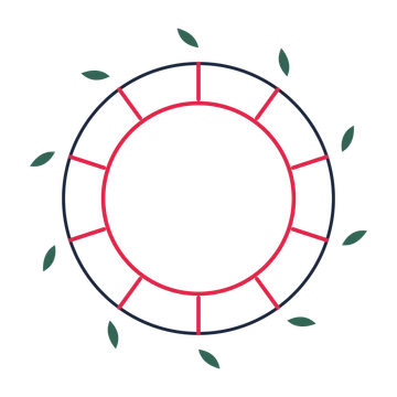 A circular emblem with 10 leaf motifs, fine concentric rings and a spokes structure.