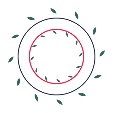 A circular emblem with 12 leaf motifs, fine concentric rings and a double orbit structure.