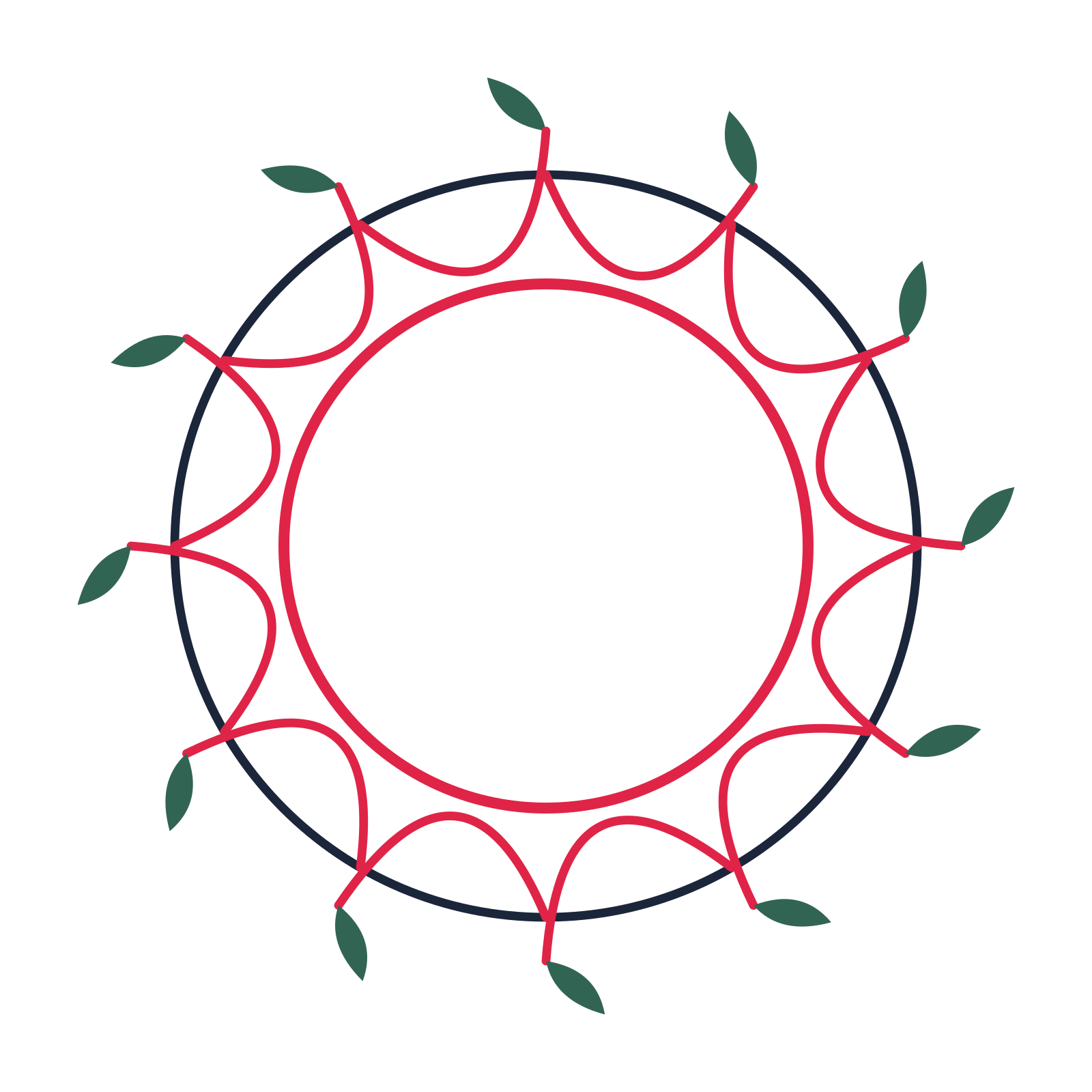A circular emblem with 12 leaf motifs, fine concentric rings and a interlaced structure.