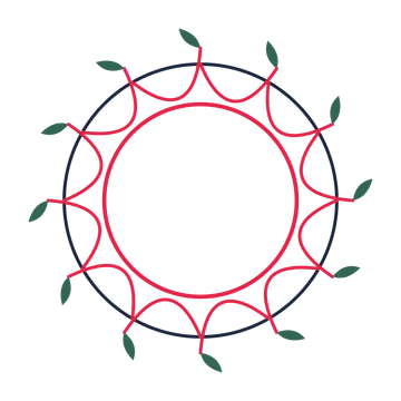 A circular emblem with 12 leaf motifs, fine concentric rings and a interlaced structure.