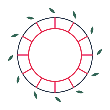 A circular emblem with 12 leaf motifs, fine concentric rings and a spokes structure.
