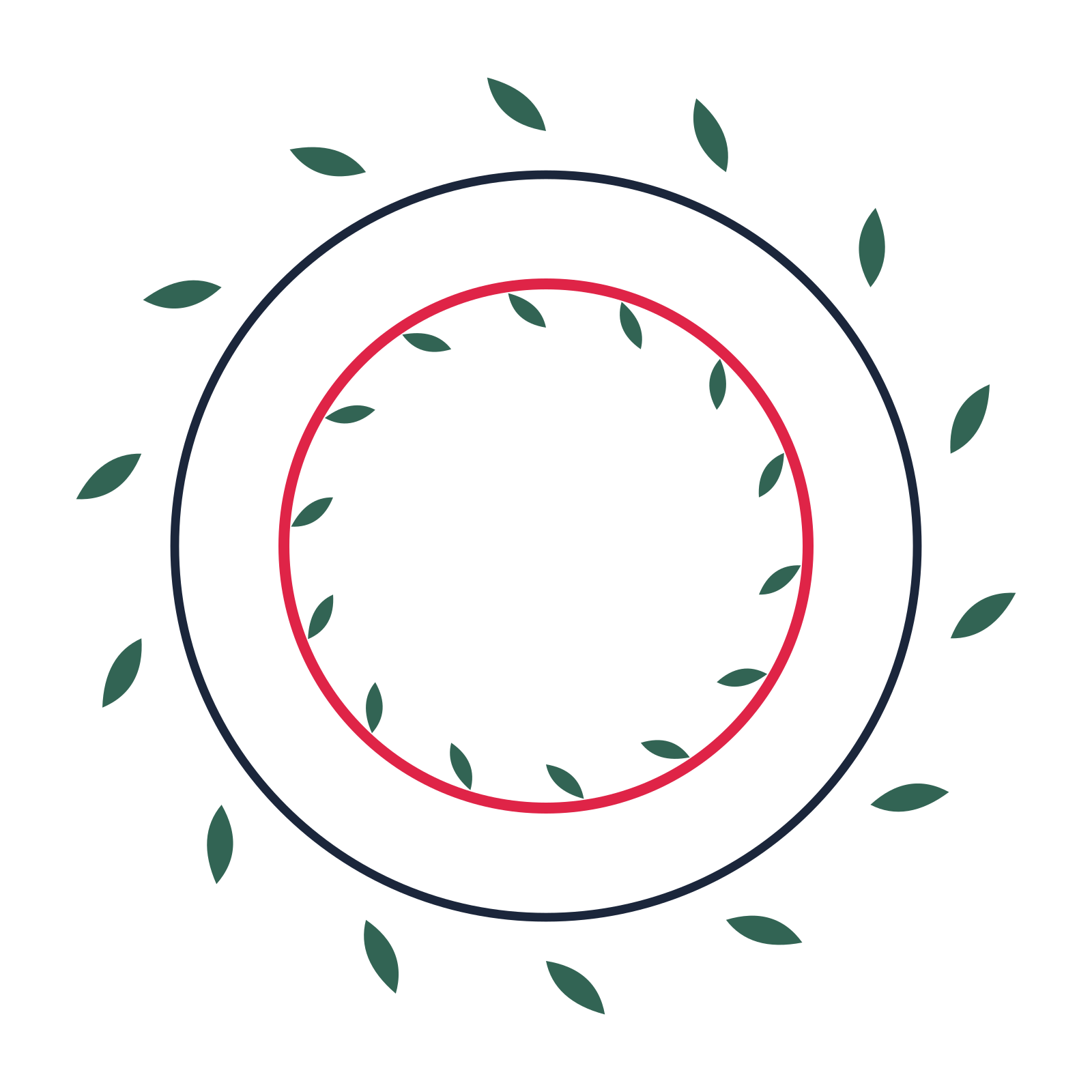 A circular emblem with 14 leaf motifs, fine concentric rings and a double orbit structure.