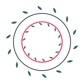 A circular emblem with 14 leaf motifs, fine concentric rings and a double orbit structure.
