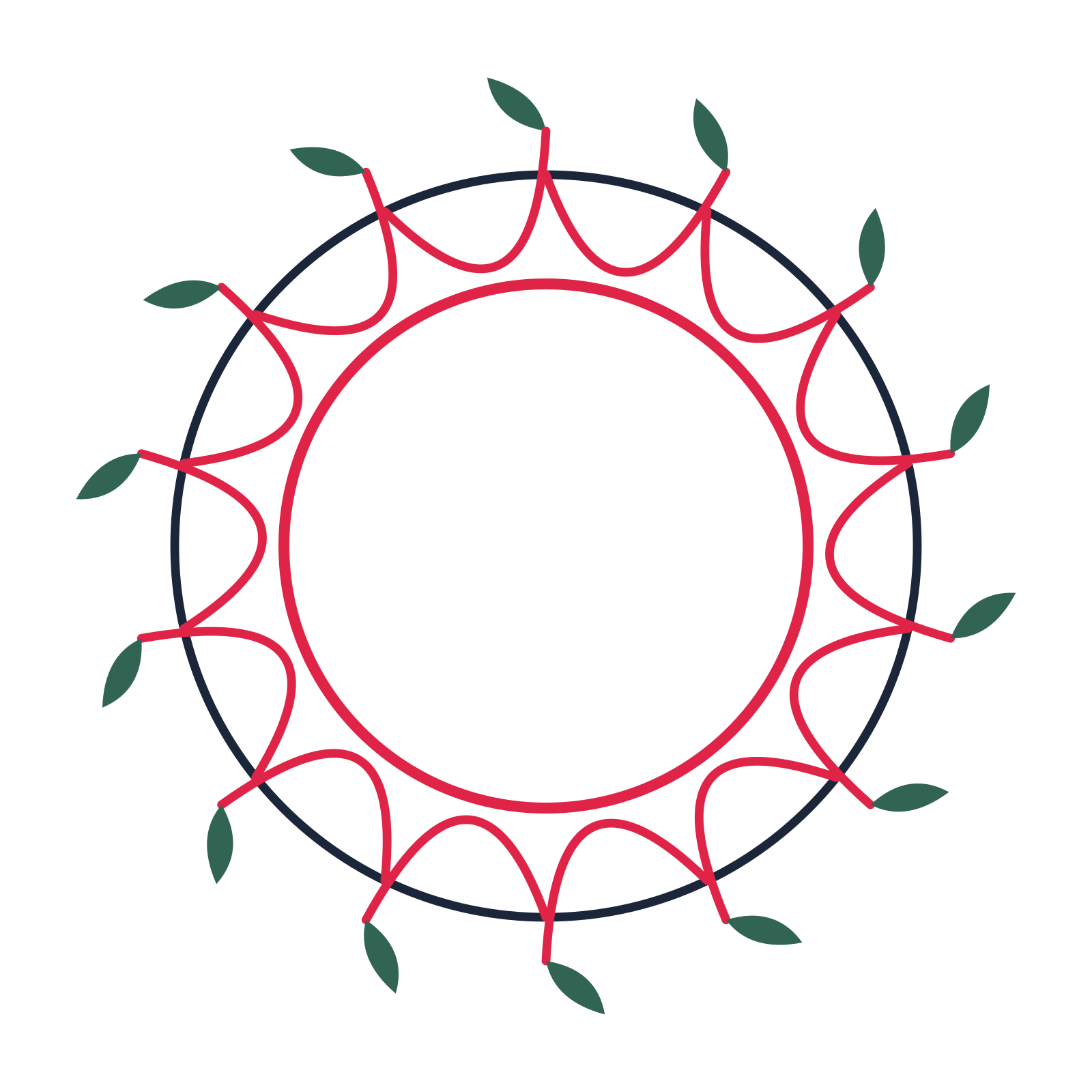 A circular emblem with 14 leaf motifs, fine concentric rings and a interlaced structure.