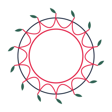 A circular emblem with 14 leaf motifs, fine concentric rings and a interlaced structure.