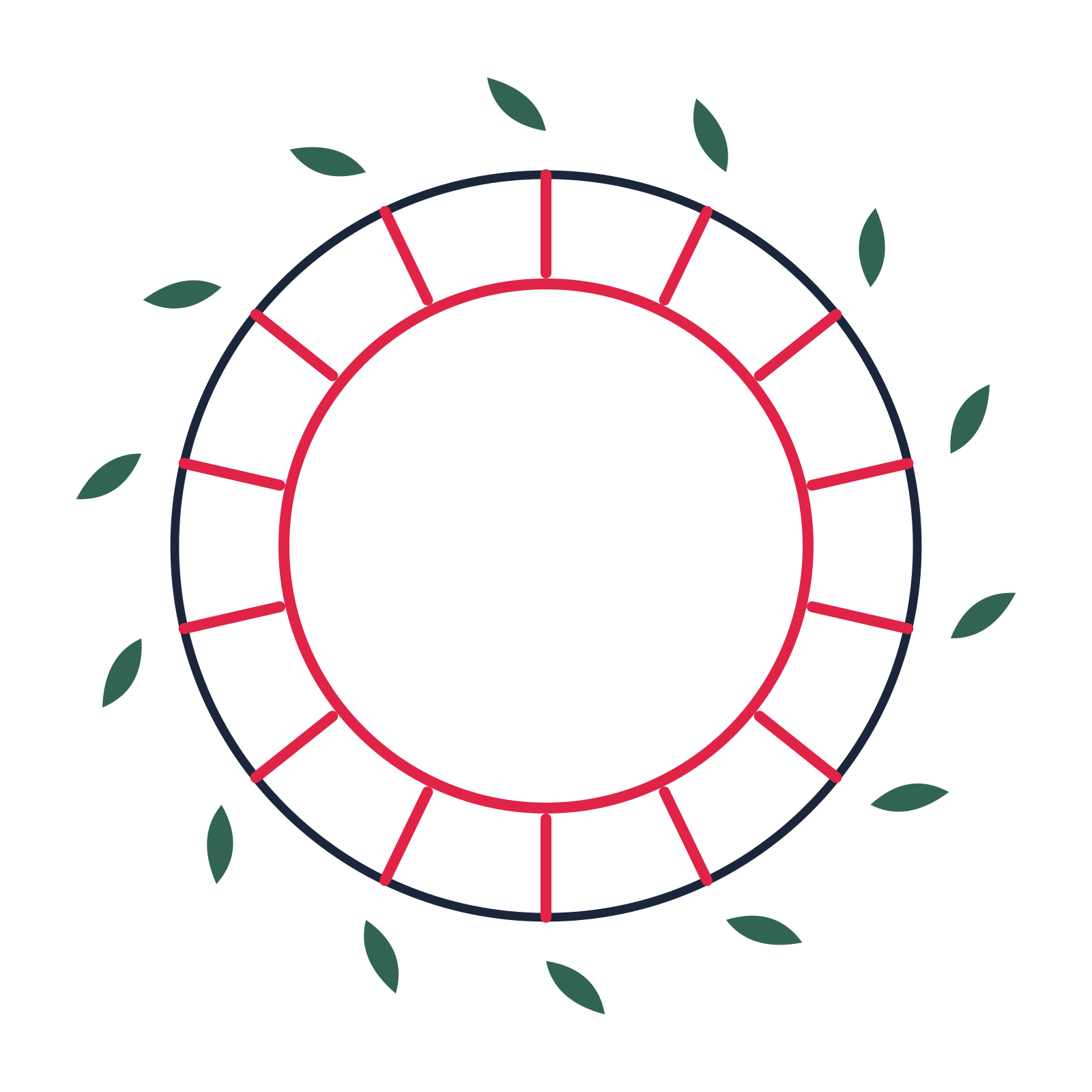 A circular emblem with 14 leaf motifs, fine concentric rings and a spokes structure.