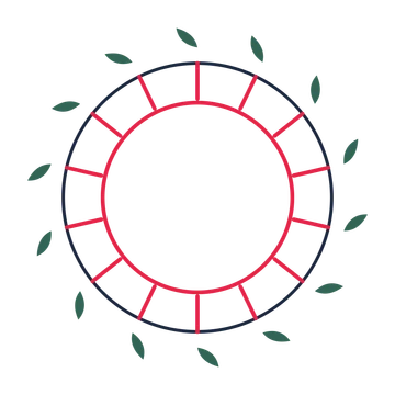 A circular emblem with 14 leaf motifs, fine concentric rings and a spokes structure.