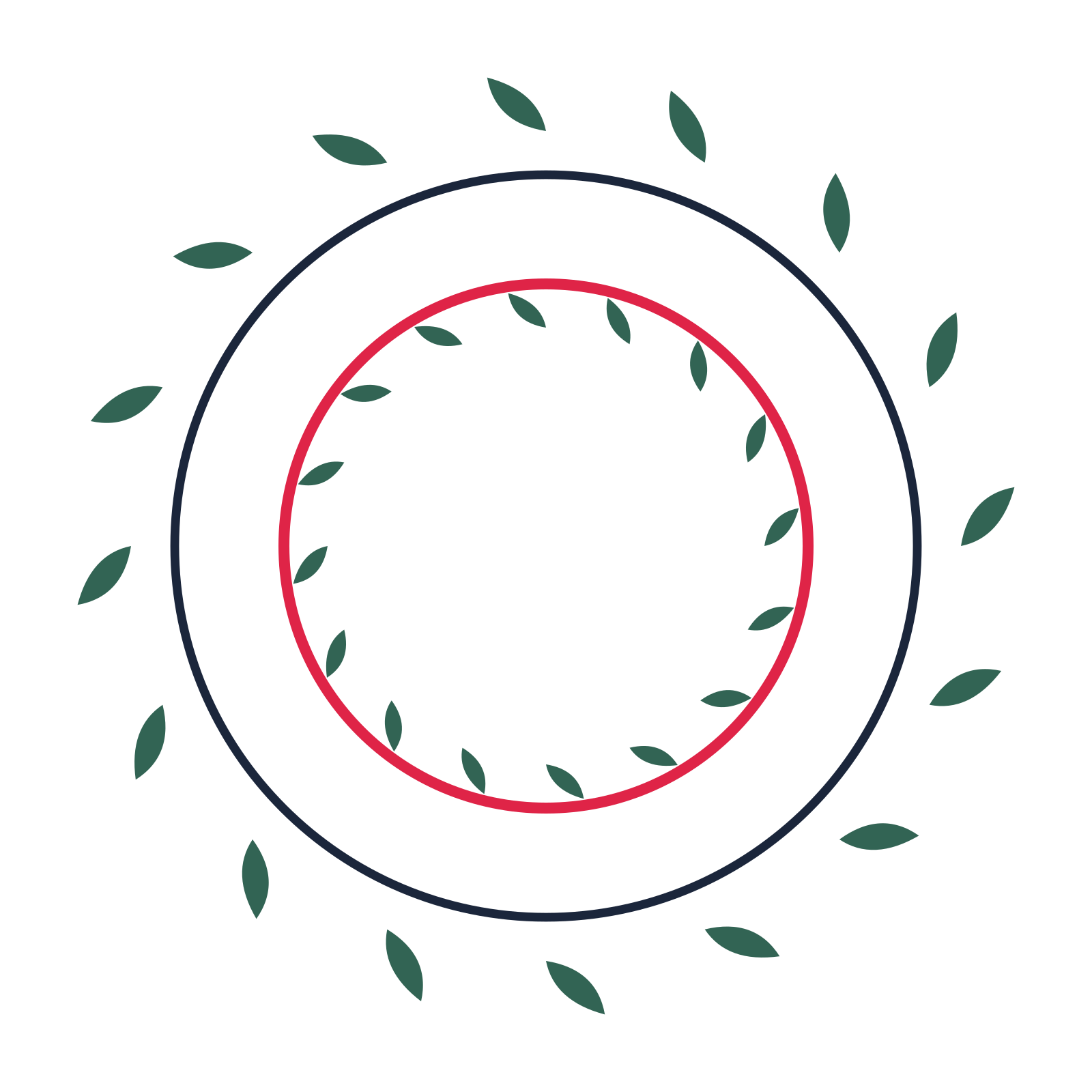 A circular emblem with 16 leaf motifs, fine concentric rings and a double orbit structure.