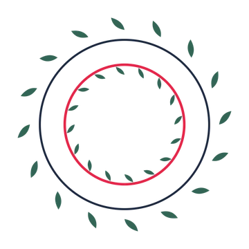 A circular emblem with 16 leaf motifs, fine concentric rings and a double orbit structure.