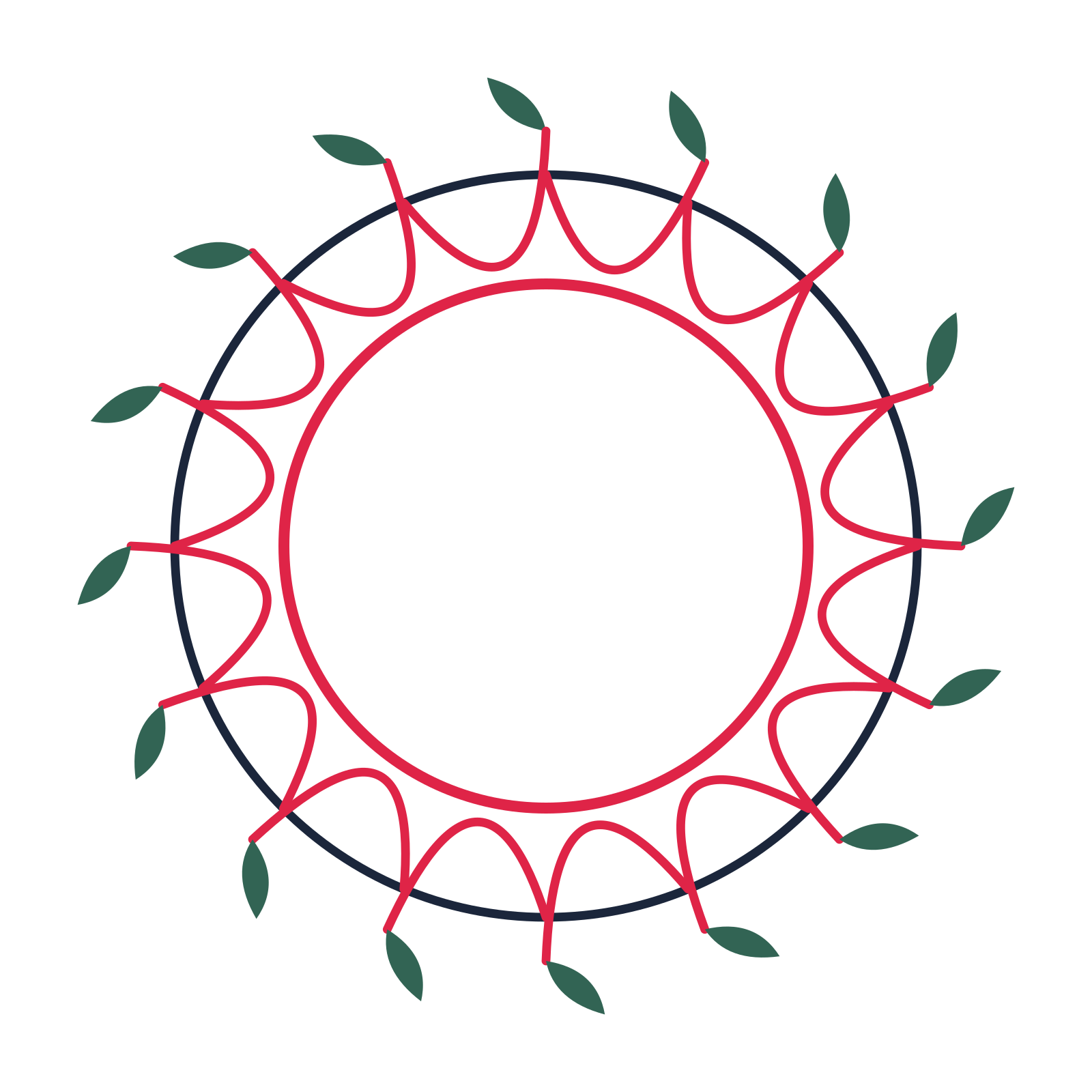 A circular emblem with 16 leaf motifs, fine concentric rings and a interlaced structure.