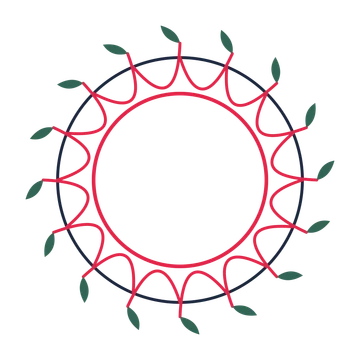 A circular emblem with 16 leaf motifs, fine concentric rings and a interlaced structure.