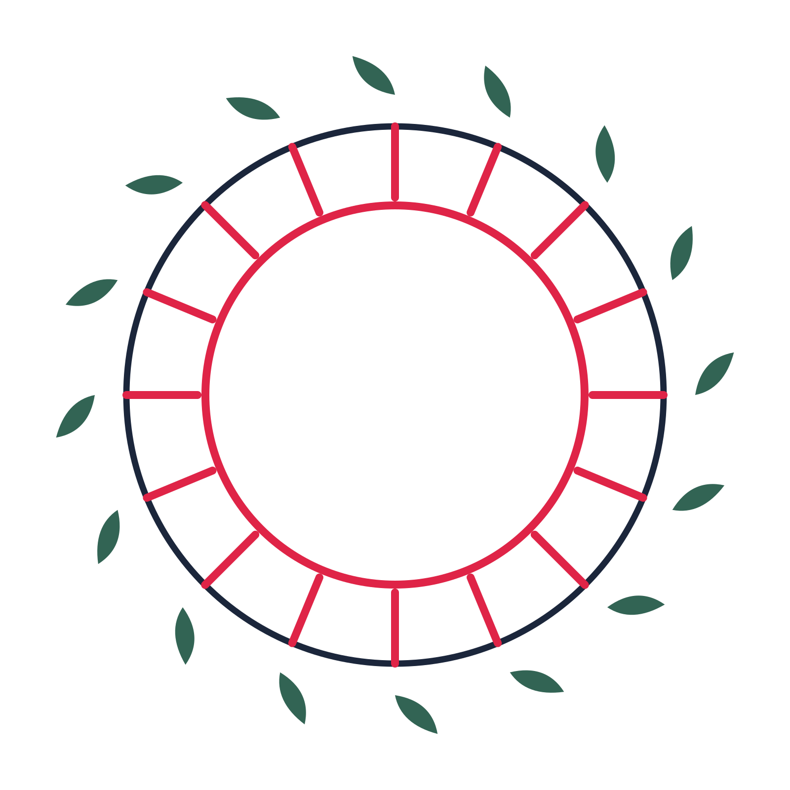 A circular emblem with 16 leaf motifs, fine concentric rings and a spokes structure.